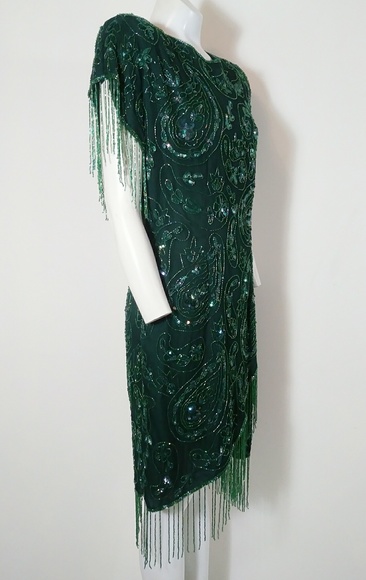 ❄️ Vintage bead flapper fringe silk emerald dress - Picture 2 of 8
